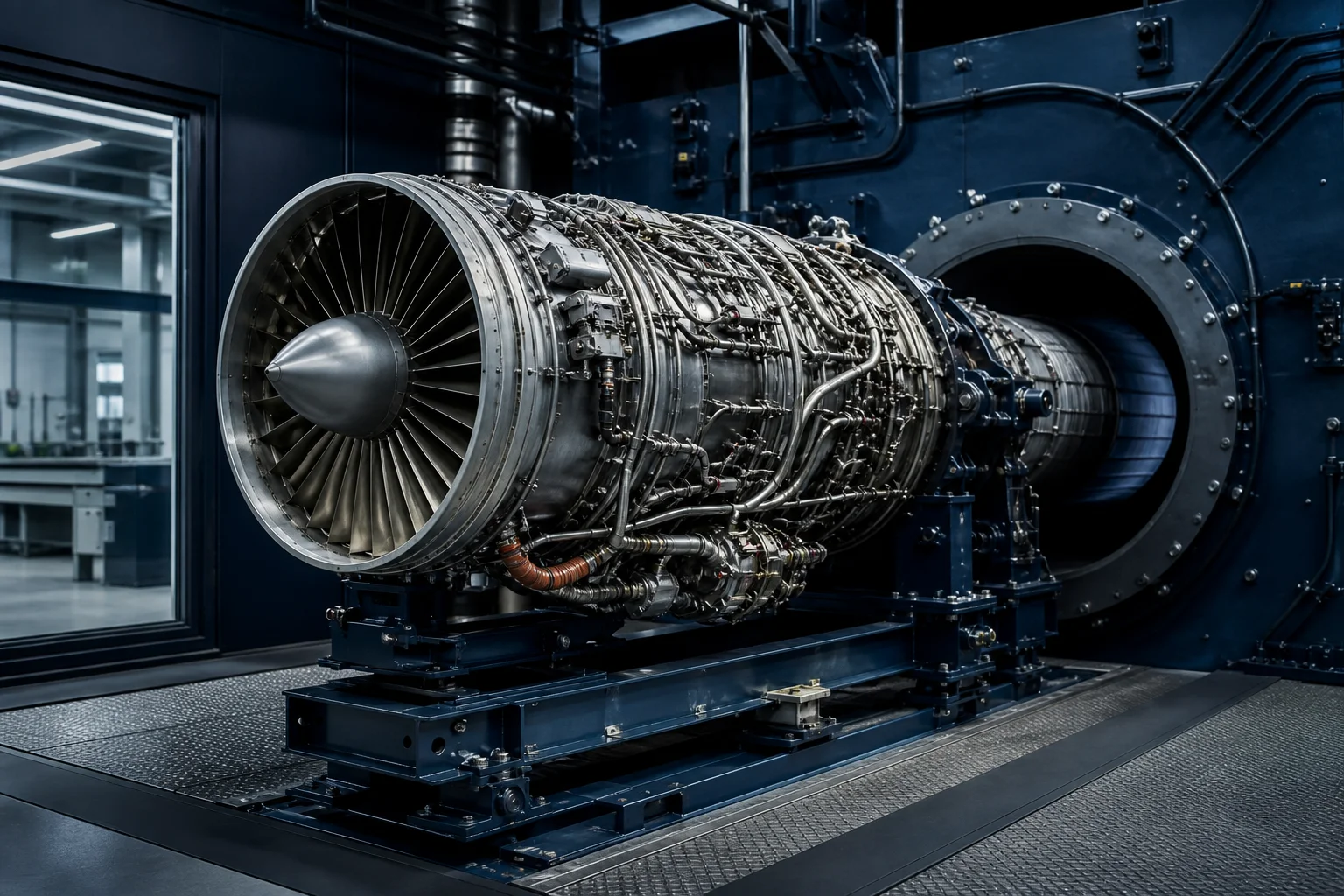 Aircraft engine undergoing verification in a test cell