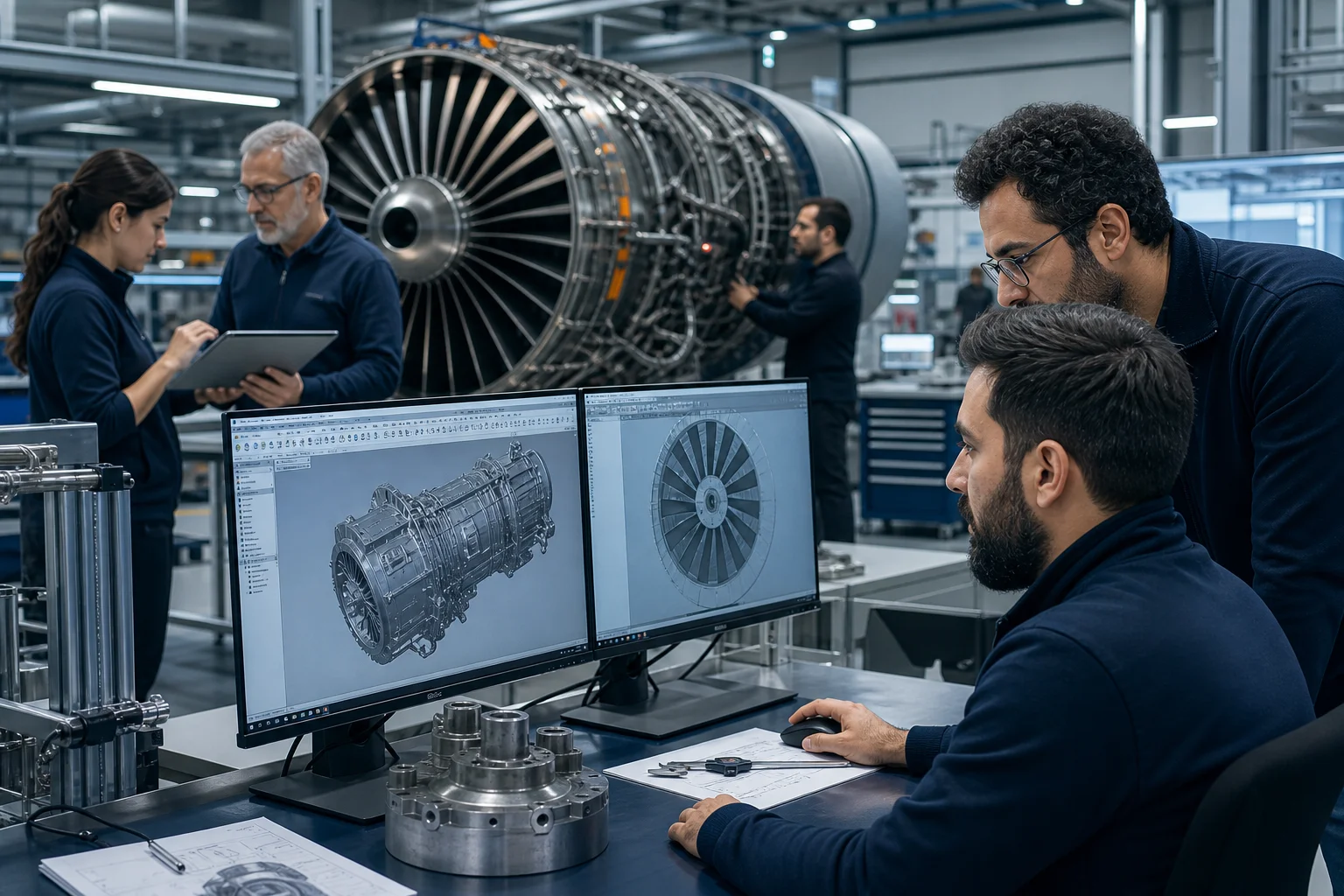 Engineering team working on an aircraft engine in a modern center