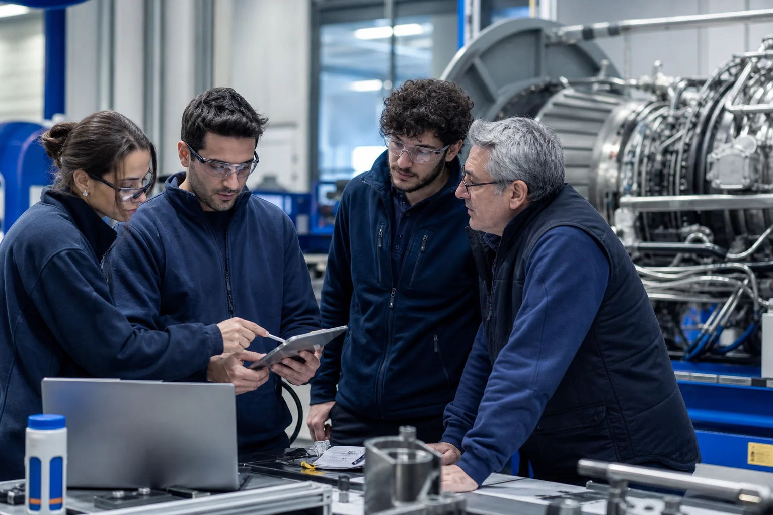 Engineering team collaborating on engine assembly in an aerospace facility
